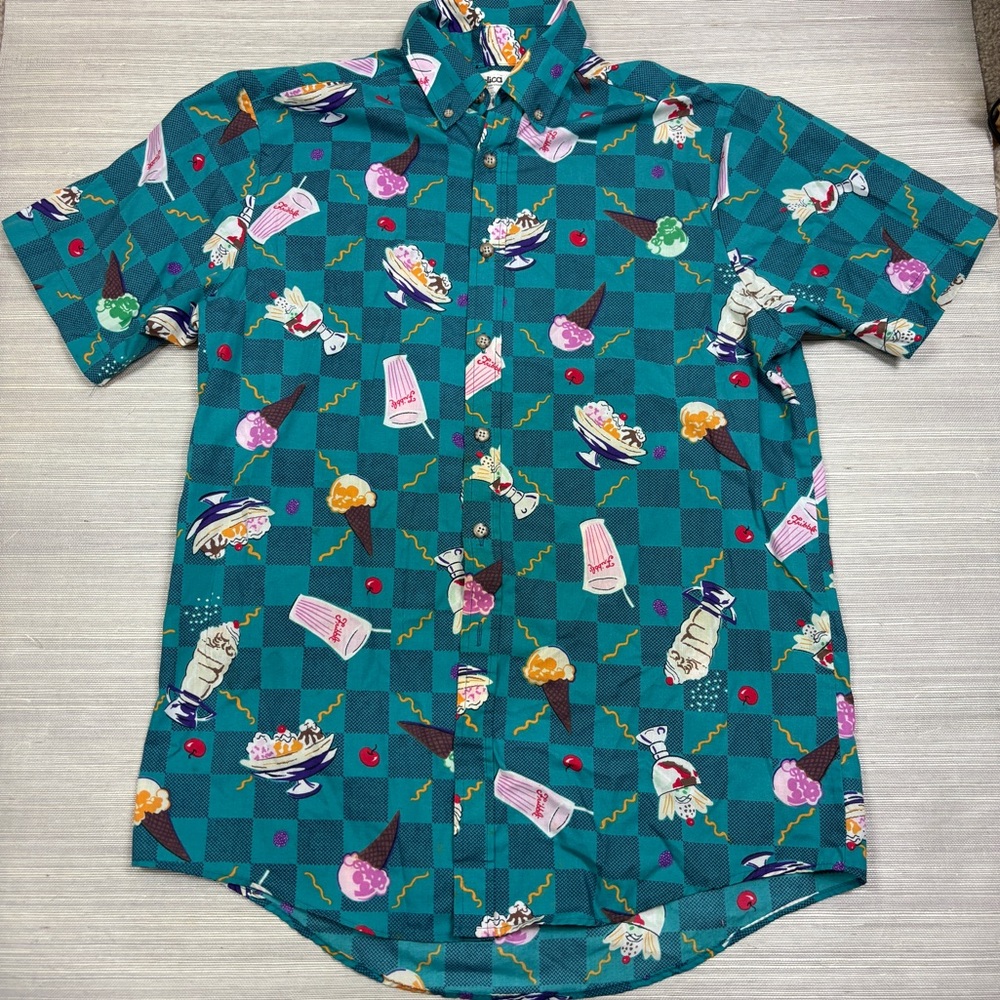 VTG Angelica Teal Ice Cream Cone Shirt Men Medium Uniform Button Up Made In USA